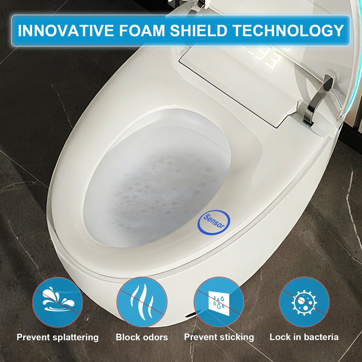 Smart Bidet Toilet with Foam Shield, Auto Open/Close Lid & Seat, Foot Sensor Flush, Tankless One Piece Elongated, Heated Seat, Instant Warm Water & Dryer