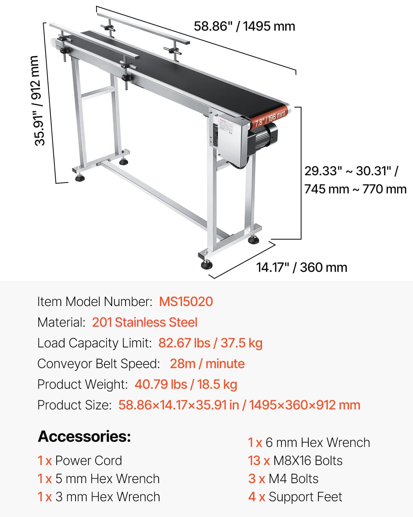 VEVOR Belt Conveyor, 59 x 7.8 inch Conveyor Table, Stainless Steel Motorized Belt Conveyor PVC Belt Anti-Static Adjustable Speed (Double Guardrail)