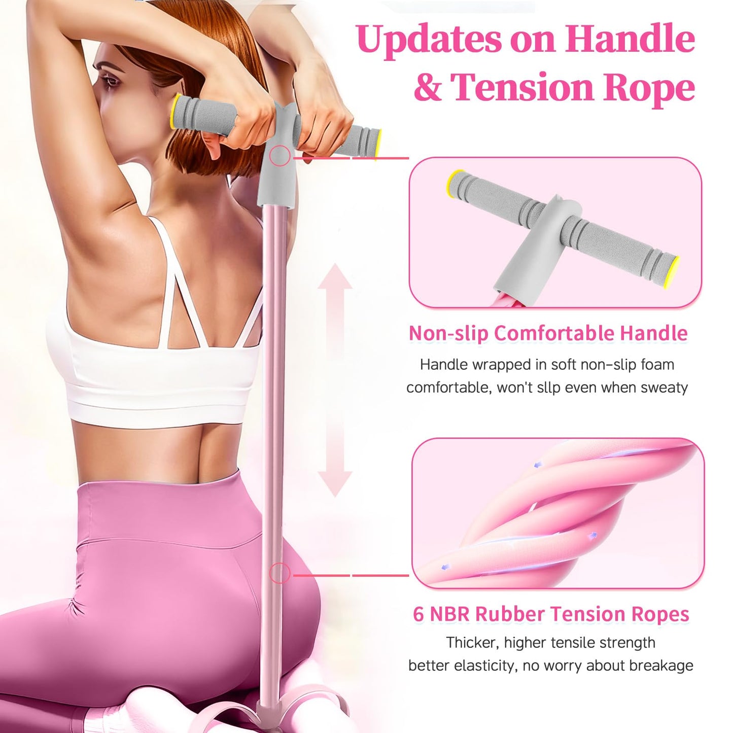 Pedal Resistance Bands with Handles, Durable 6-Tubes Multifunction Pedal Resistance Band, Natural Rubber Foot Pedal Resistance Bands, Fitness Resistance Bands for Abdomen, Waist, Arm, Leg (Pink)