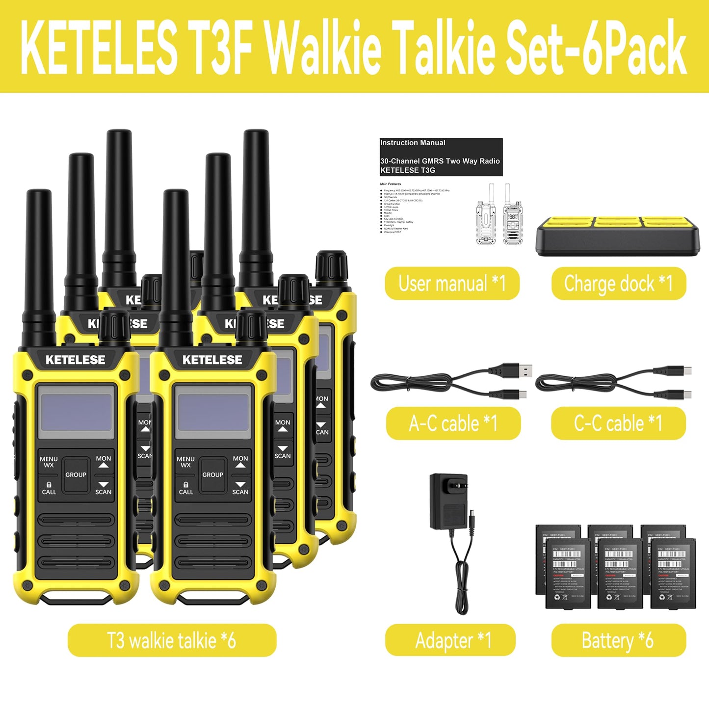 KETELESE T3F Walkie Talkies 6 Pack for Adults, IP67 Waterproof 2 Way Radios Rechargable, with Earpiece and Mic, Shock Resistant, Dual PTT, One Key Group Call, VOX, NOAA&Wheather Alert, Black/Yellow