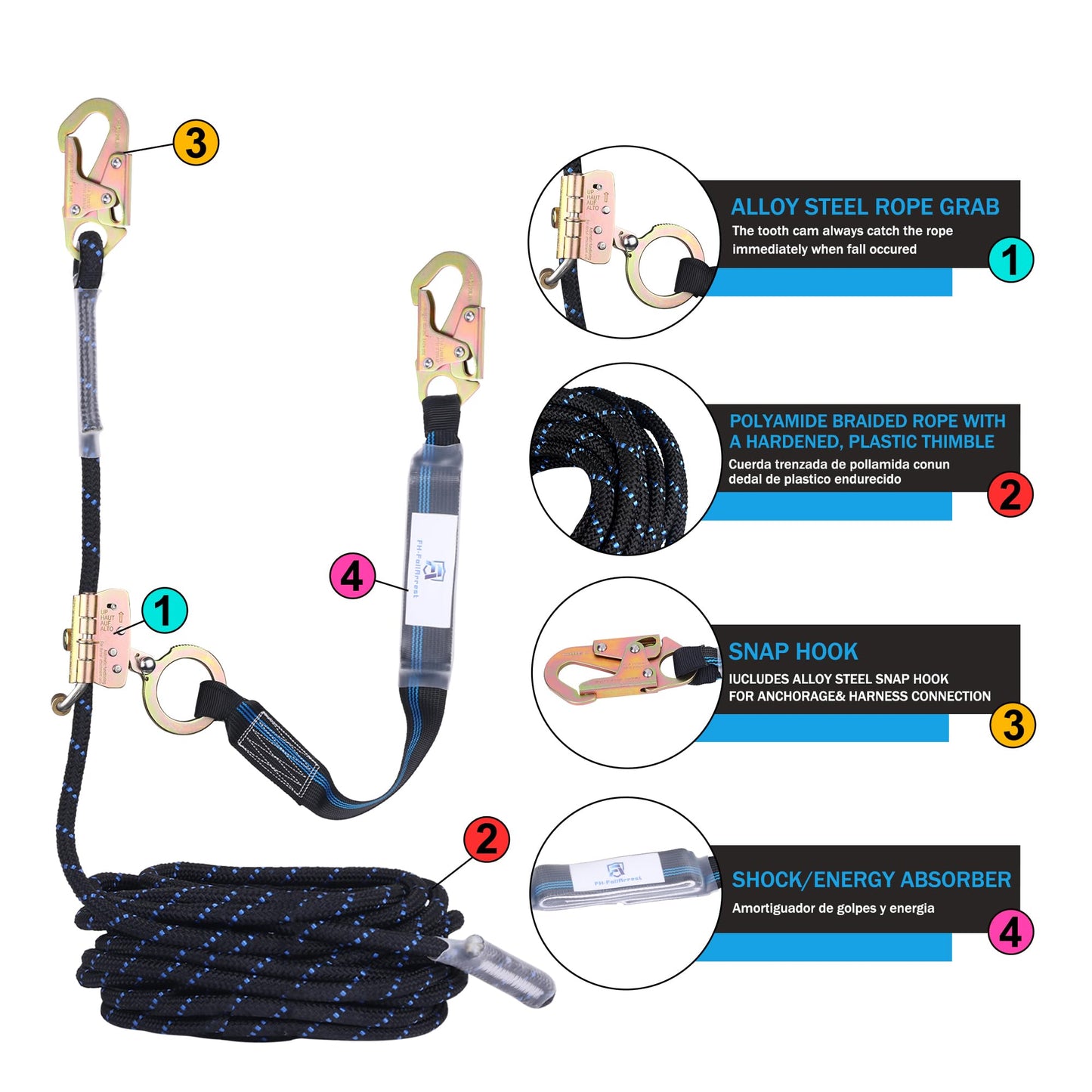 FHFallArrest 50FT Vertical Lifeline Assembly with Alloy Steel Anti-Panic Rope Grab Snap Hook Shock Absorb Lanyard, Fall Protection Rope Safety Climbing Equipment Roofing Safety Kit, CE ANSI OSHA Rated