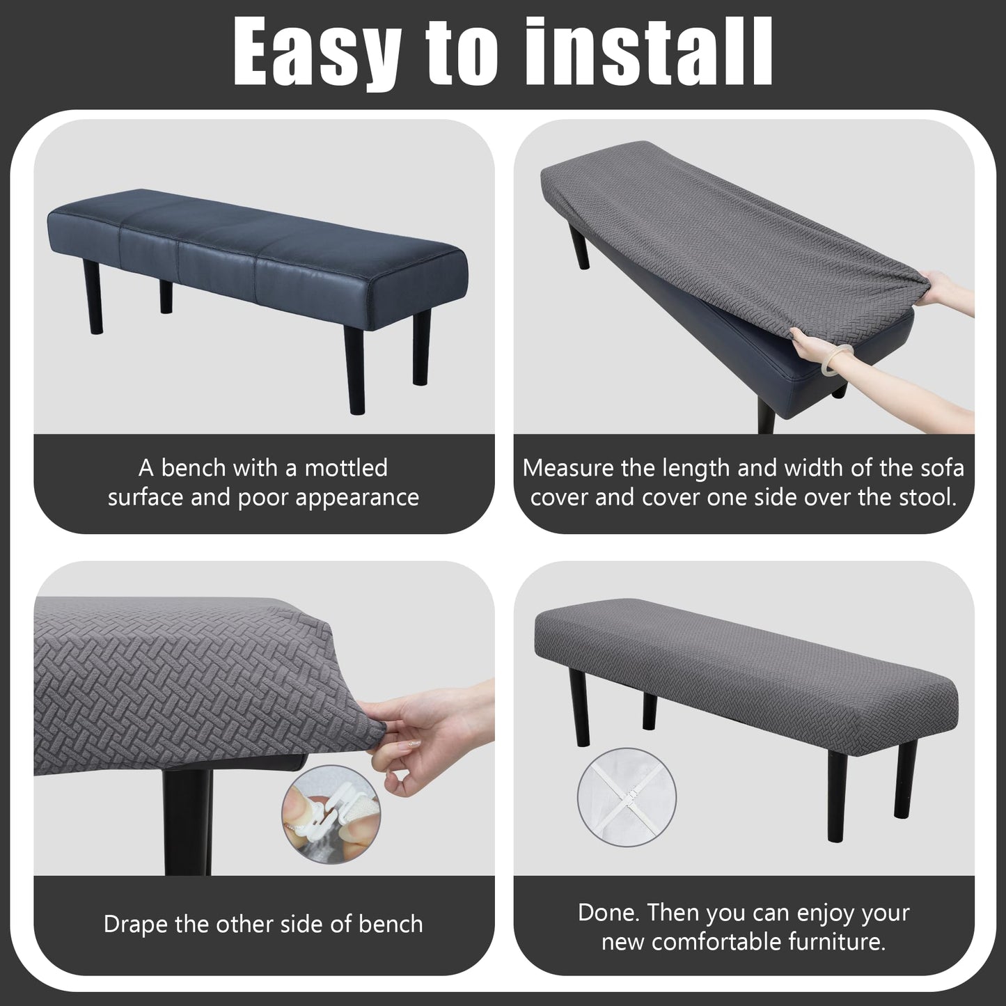 MRGSDL Stretch Bench Seat Cover, Reusable Slipcover for Dining Room & Bedroom, Removable Washable Rectangular Bench Covers, Elastic Fit for Home Furniture (Twill Grey)