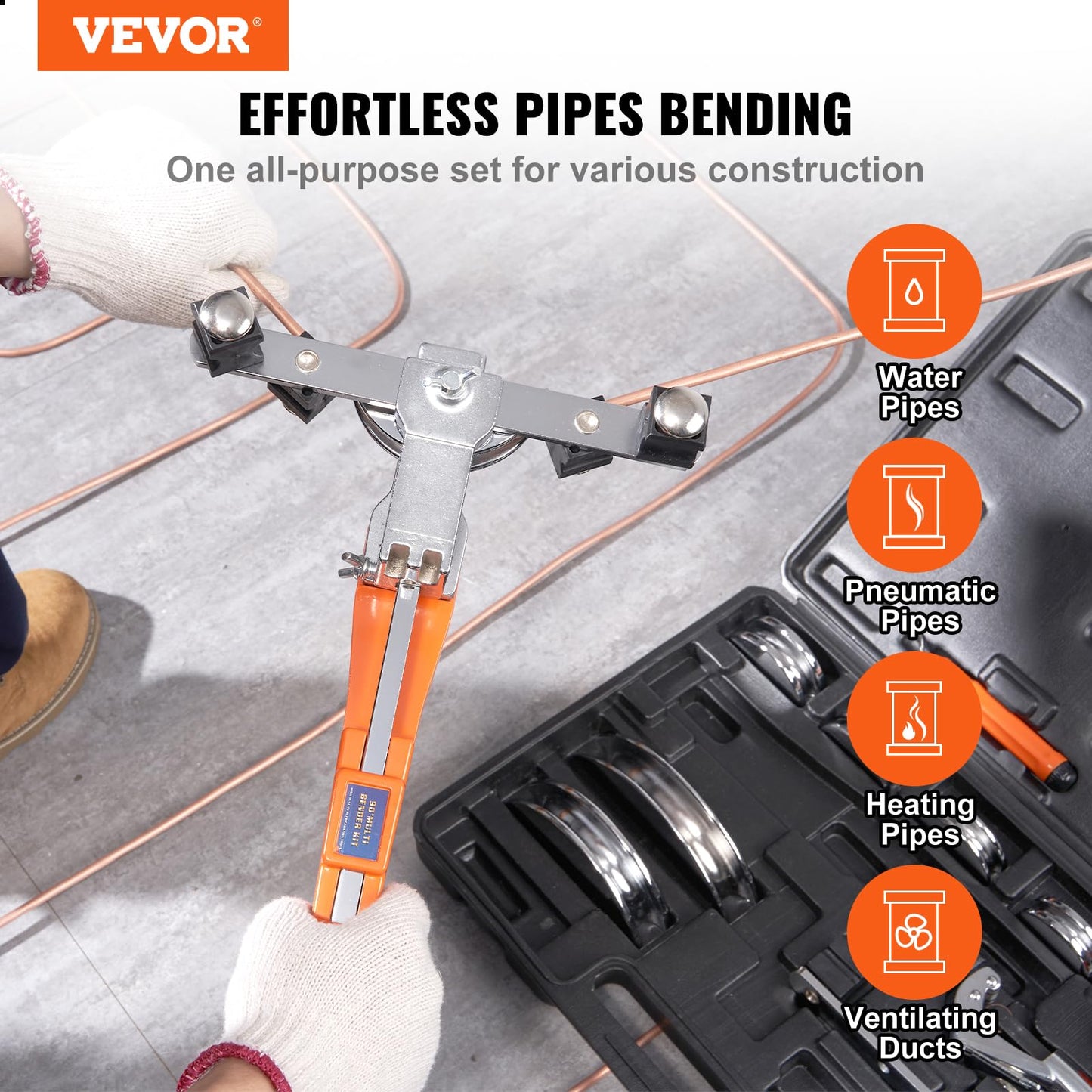 VEVOR Pipe Tube Bender, 1/4"-7/8" O.D. Ratcheting Tubing Bender, 90° Forward/Reverse Pipes Bending Tools with 7 Dies and Pipe Cutter for HVAC Air Conditioning Refrigerator Repair