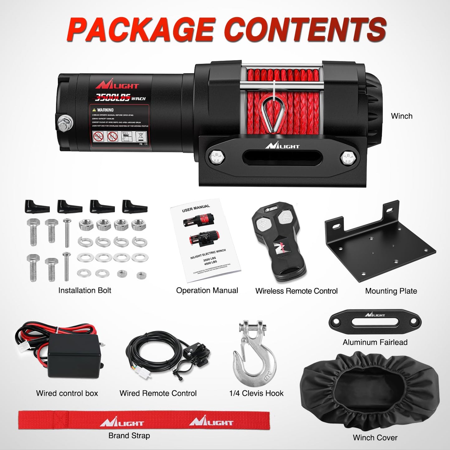 Nilight 3500 lbs ATV Winch 12V Electric Winches With Synthetic Winch Rope Wireless Remote Wired Switch Fairlead Mounting Plate Portable Waterproof Winch for Towing ATV UTV Trailer Truck Jeep Offroad