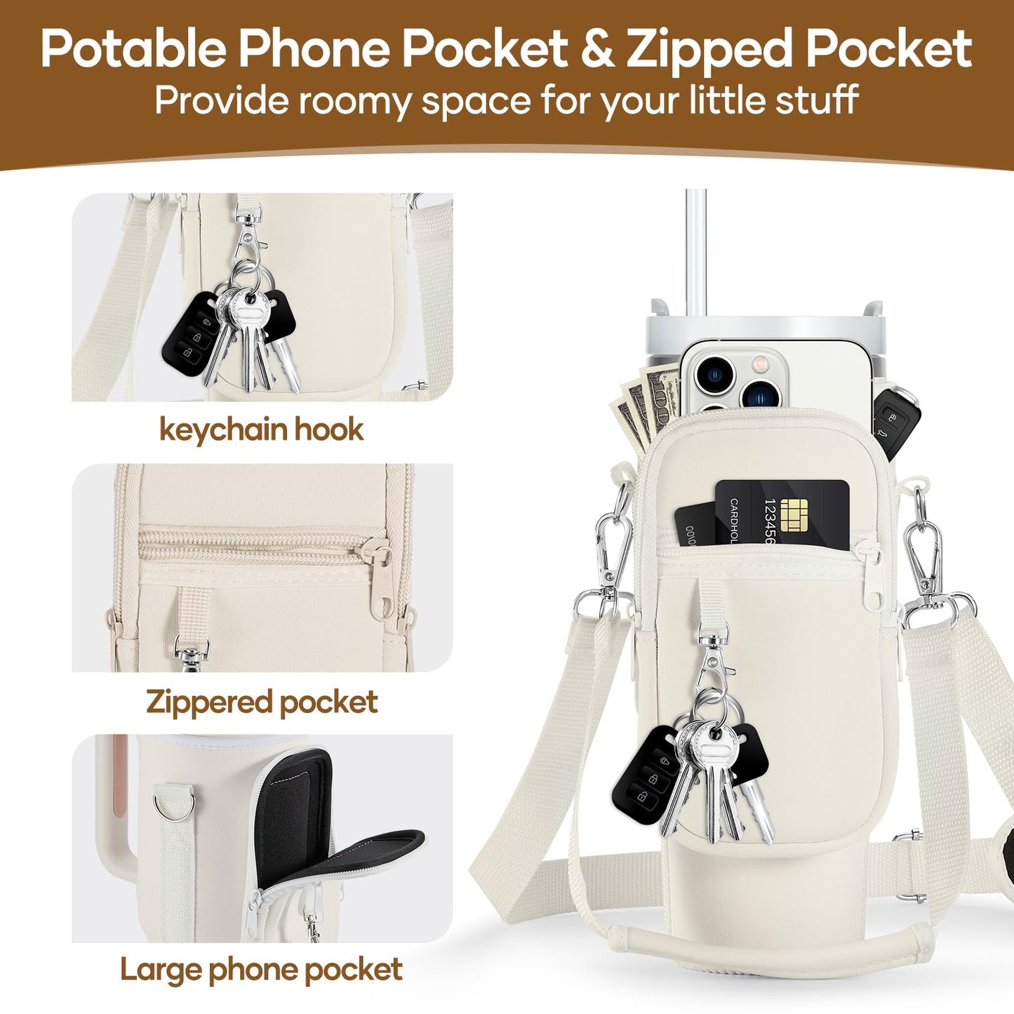 linmaya Water Bottle Carrier Bag for Stanley Cup 40/30oz with Phone Holder Pockets,Neoprene Water Bottle Cross-body Bag with Adjustable Shoulder & Hand Strap Stanley Cup Accessories