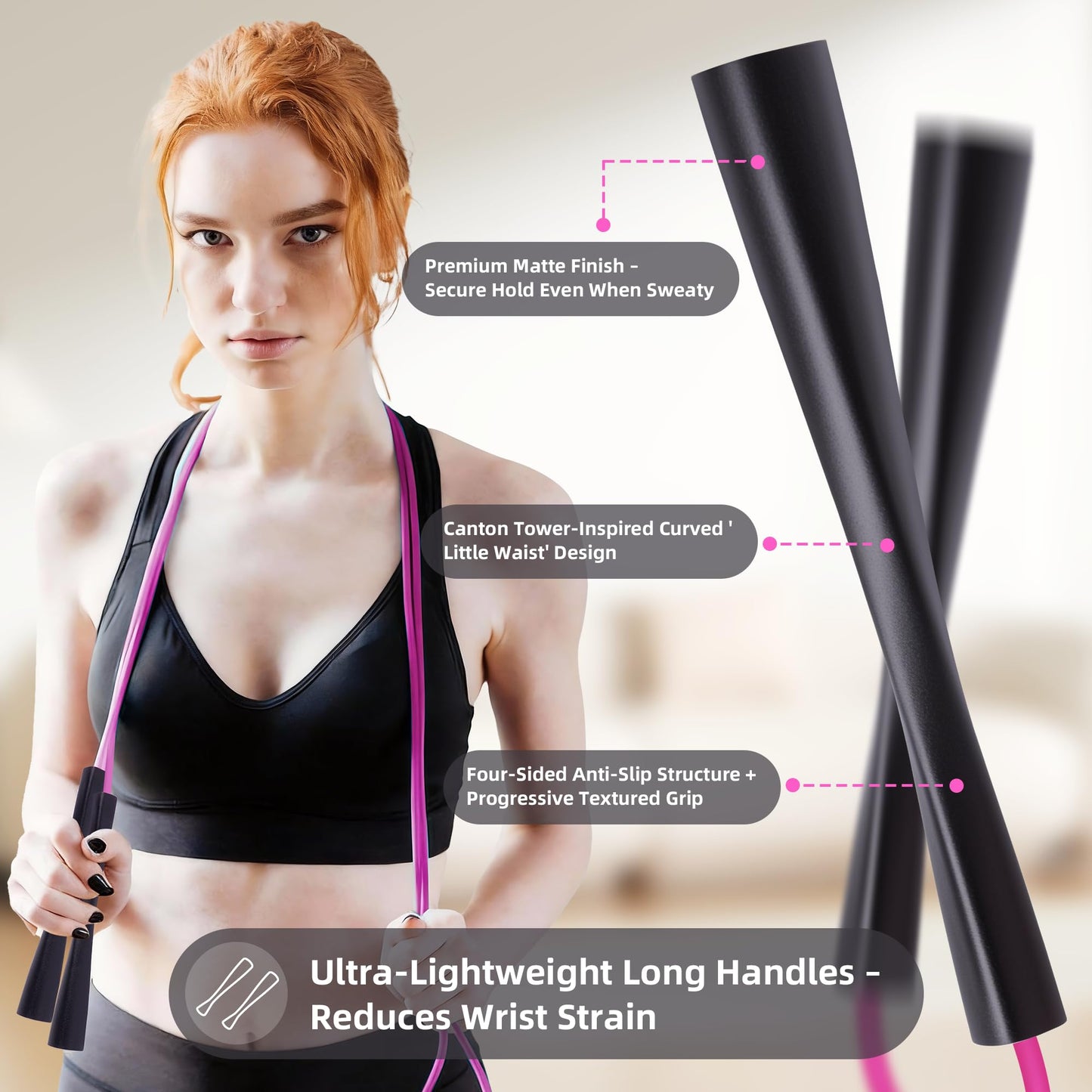 YUEDONG 5mm Adjustable Weighted Jump Rope Inspired by Canton Tower Curve - Elegant Matte Long Handles with Four-Sided Anti-Slip Design, Self-Lubricating POM for Smooth Silent Cardio Fat Burning Workout Women Fitness Weight Loss Portable with Carry Bag (1,