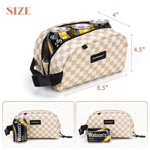 Cerbonny Reusable Lunch Bag, Khaki Checkerboard, 2.5L, Insulated, Leak Proof, Zipper Closure, 2 Compartments, Perfect for Picnic, Work, School, Travel