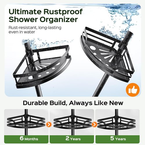 HAMITOR Shower Caddy - Rustproof Adjustable Tension Pole Organizer | 47-121 Inches - Black Bathroom Shelf for Shampoo Storage