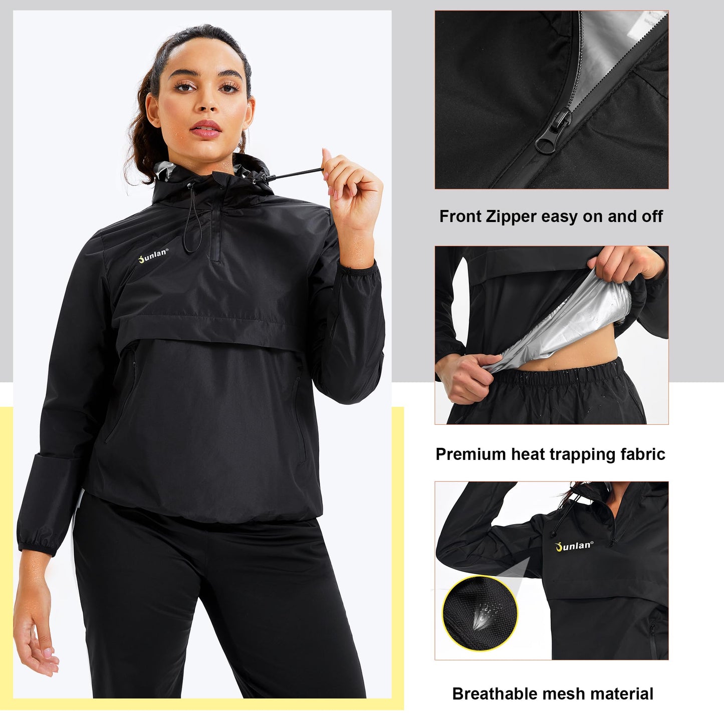 Junlan Sauna Suit for Women Sweat Jacket Gym Workout Vest Sweat Suits for Women (A.Black Tops Only,XX-Large)