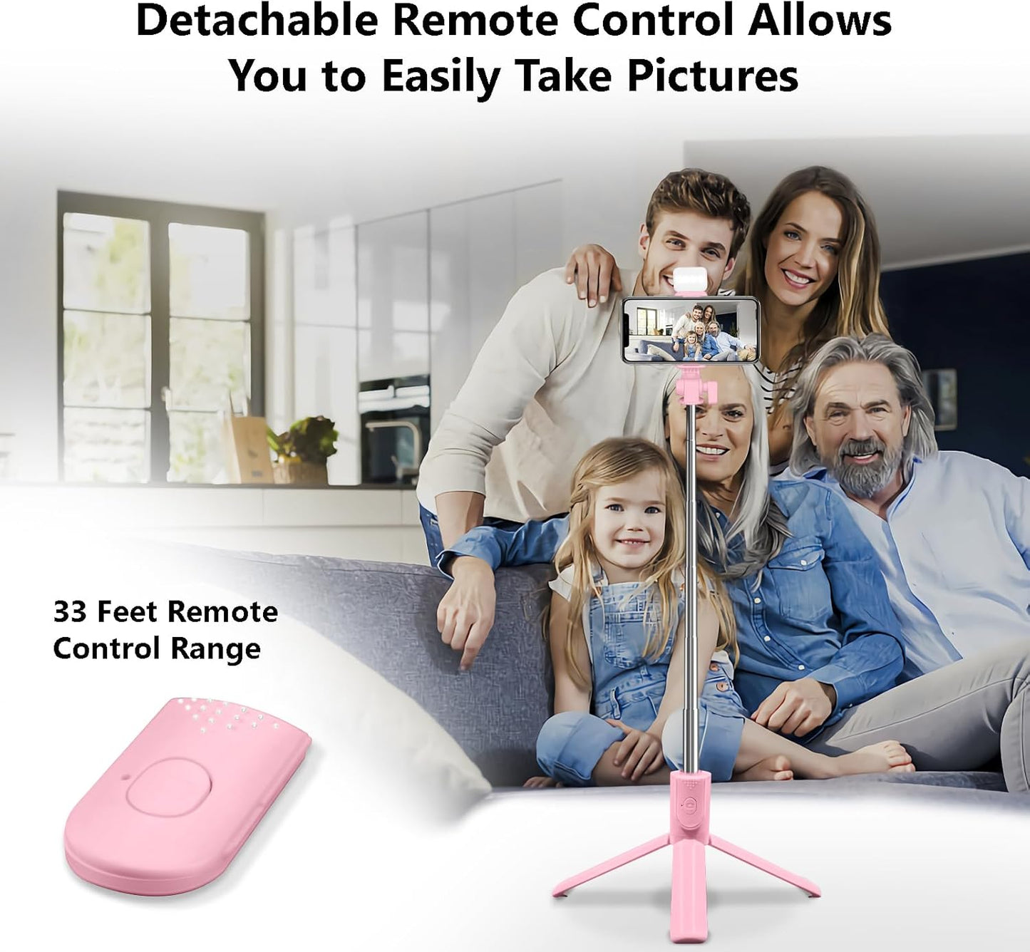Bollove 40in Selfie Stick Tripod, Retractable Phone Tripod with Wireless Remote Control & Light, Portable Selfie Stick