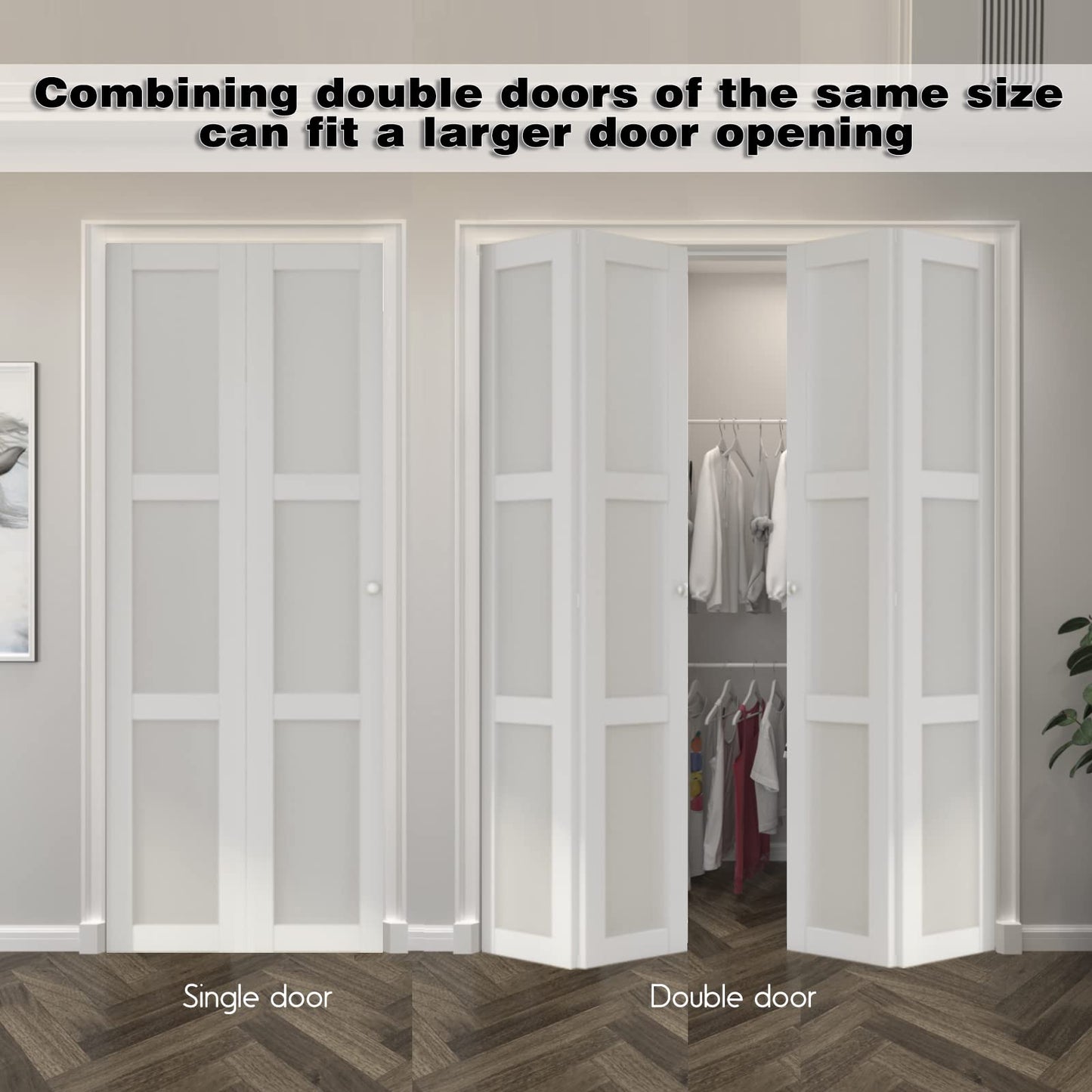 ARKHJEM Bi-Fold Door,3 Panel Frosted Glass Closet Door,for 48"×80"(Double 24"*80" Doors) Door Opening,Suitable for Closets & Interiors,DMF,White