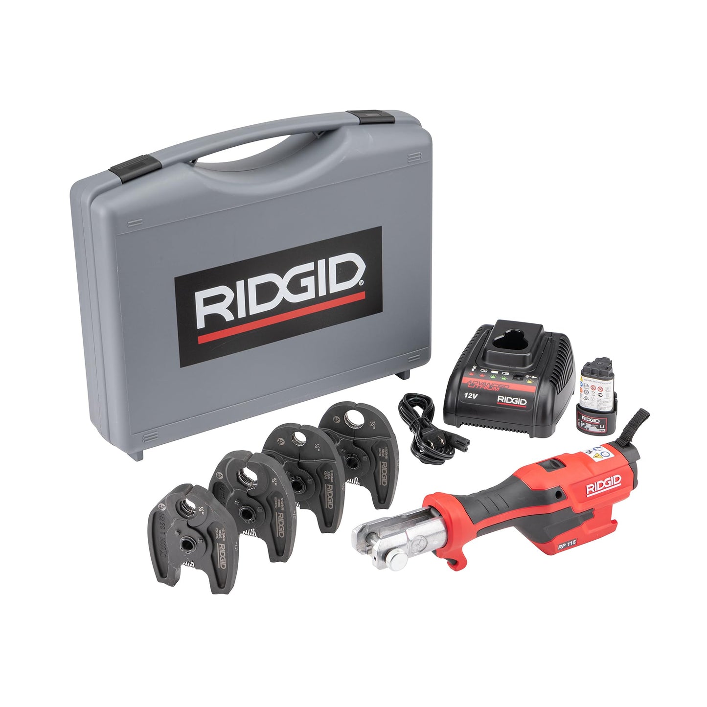 RIDGID 72558 Model RP 115 Mini Press Tool and Battery Kit with 1/2" to 3/4" ProPress and PureFlow Press Tool Jaws, 2V Li/Ion Battery, 12V Charger, and Carrying Case
