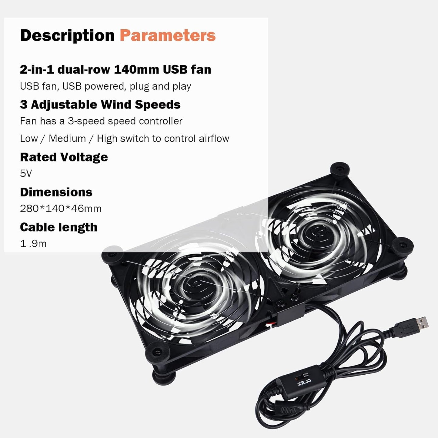 140mm 3-Degree 5V Quiet Dual Router Fan Cooler with L/M/H Speed Controller, DC USB Powered Cooling Case Fan for Router