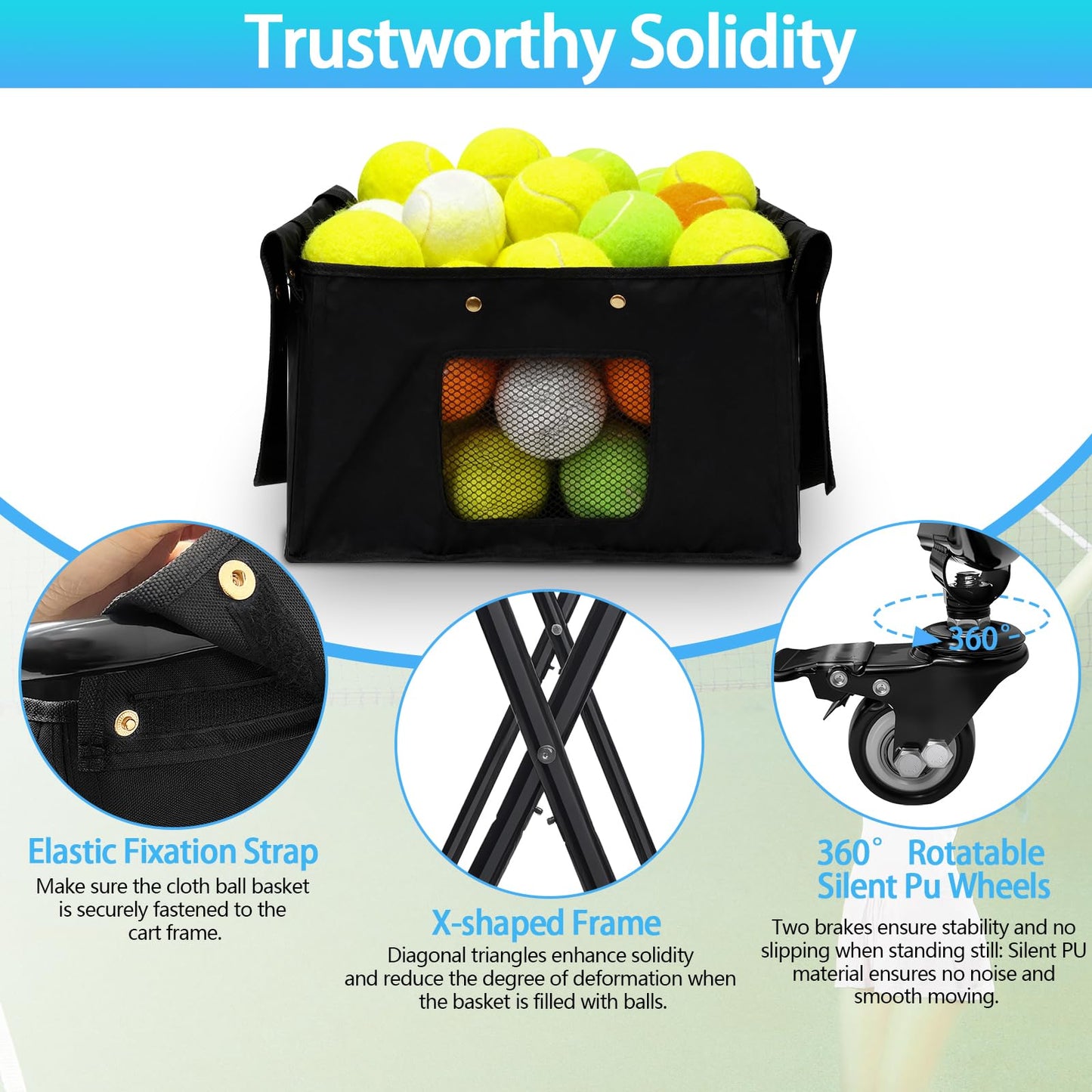 PRIJESSE Foldable Tennis Ball Hopper, Holds 170 Balls, Large Capacity Tennis Ball Hopper with Wheels for Baseball Softball Pickleball Training