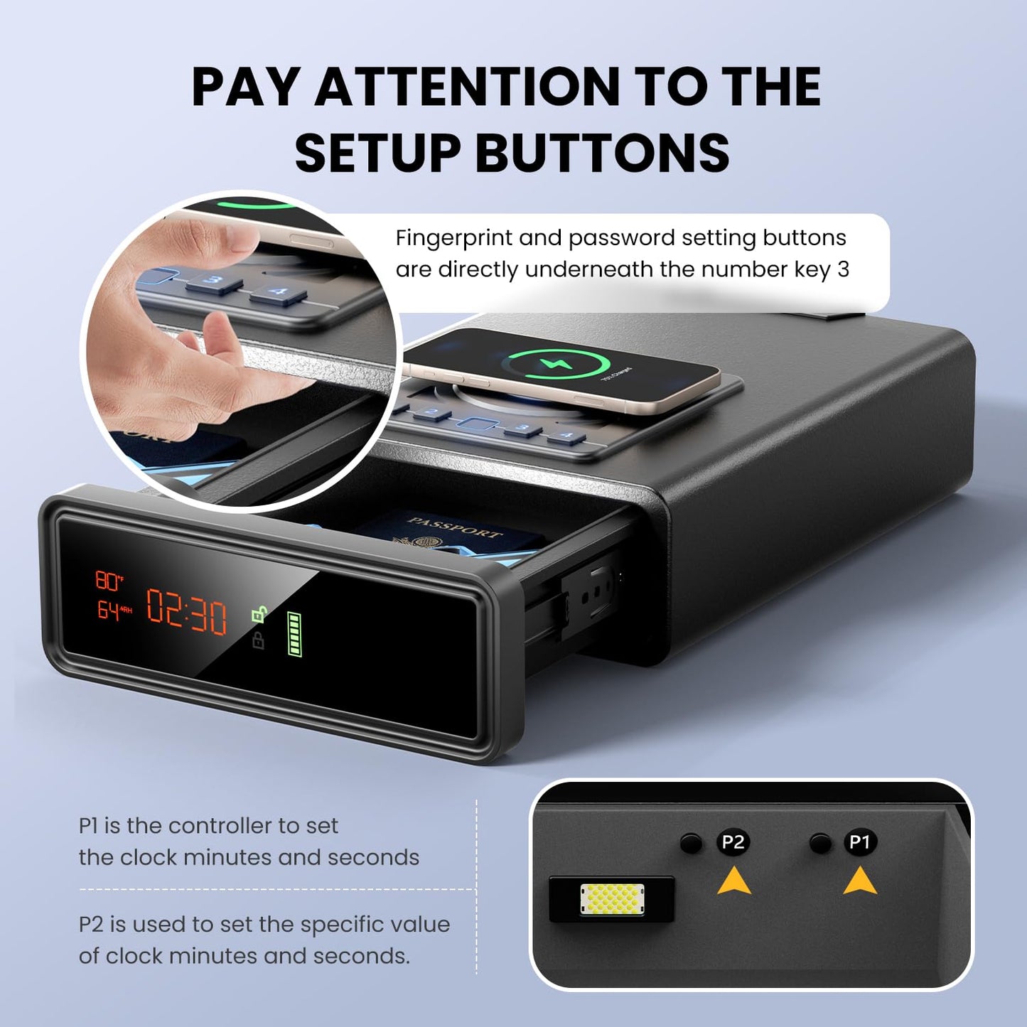 Biometric Smart Safe with Wireless Charging for Phone and Watch, Quick Access with Backlit Keypad,Auto Open Drawer Gun Lock Box with Humidity,Temperature, Digital Clock,LED Screen 1PCS