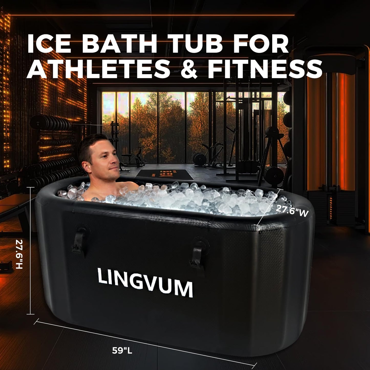 LINGVUM XXL Inflatable Ice Bath Tub for Athletes, 195 Gallon Cold Plunge Tub with Lid, Water Chiller Compatible, Portable Oval Freestanding Bathtub for Cold Water Therapy Recovery Indoor Outdoor Black