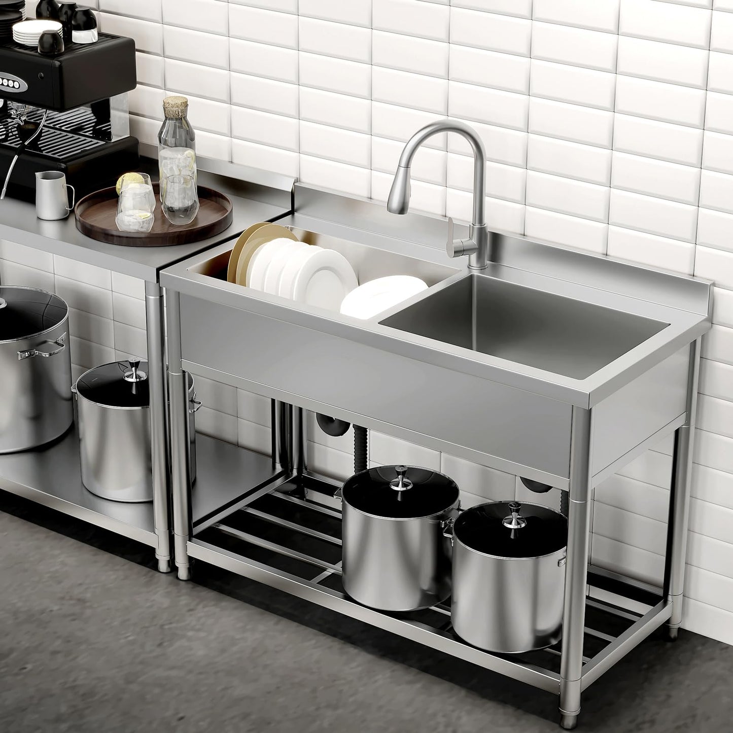 GGW 2-Compartment Commercial Sink, Stainless Steel Utility Sink with Pull-out Faucet, Free Standing Double Bowl Kitchen Sink for Restaurant, Garage, Shop, Cafe, Outoor, 21.7"D x 47.2"W x 37"H