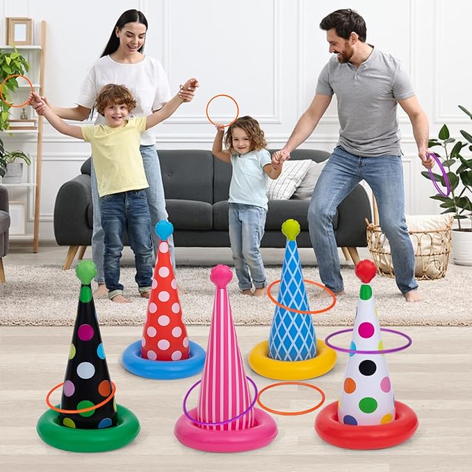 Inflatable Ring Toss Game, Birthday Party Games Ring Toss Game for Kids Adults Birthday Party Decorations Lawn & Yard Games Toys for Family 5-Pack with 10 Plastic Rings