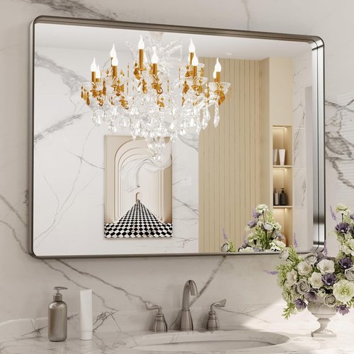 LOAAO Brushed Nickel Bathroom Mirror - 40x30 Inch Rounded Rectangle Design | Anti-Rust & Shatter-Proof