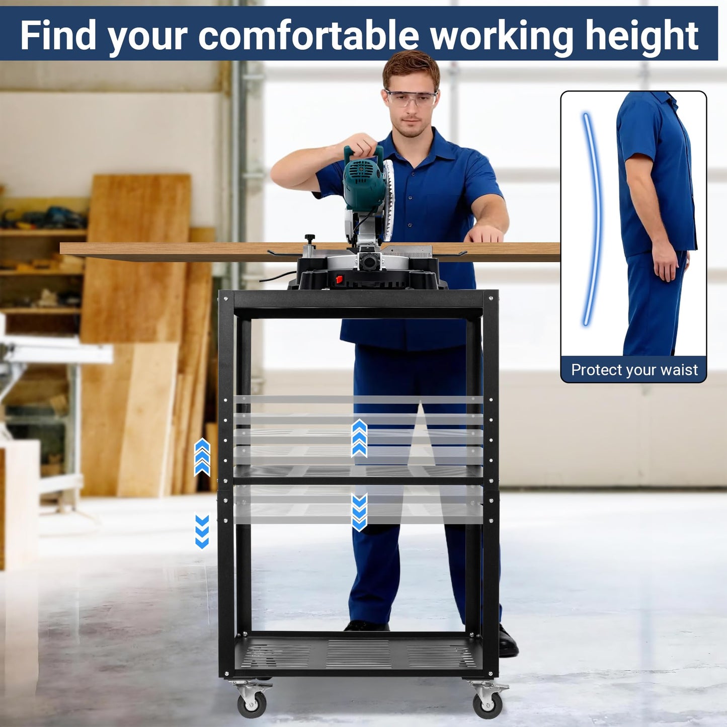 Eastrexon Planer Stand, 27.6" x 24" Tabletop, 31"- 44.7" Height Adjustable, 550 LBS Capacity Planer Table with 4 Stable Casters & Storage Space, for Most Planers, Saws, Bench-top machines, Power Tools