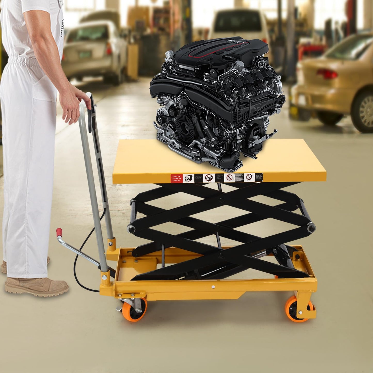 Hydraulic Lift Table Cart 770LBS Capacity Single Scissor 30.5" Lifting Height with 4 Wheels and Non-Slip Pad for Material Handling Transportation, Yellow