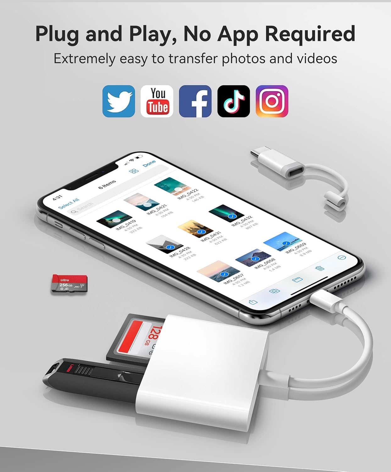 AkHolz 3 SD Card Reader for iPhone iPad Built-in Lightening & USB-C Dual Connectors Card Adapter with SD MicroSD USB-A