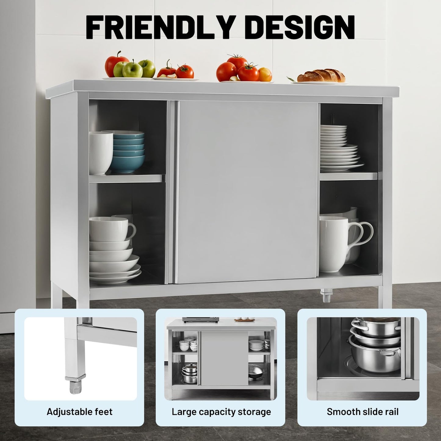 Hally Stainless Steel Cabinet, 24" x 60" NSF Commercial Heavy Duty Prep Workbench with Two Sliding Doors, Large Storage Cabinet, Metal Table for Kitchen, Restaurant, Garage