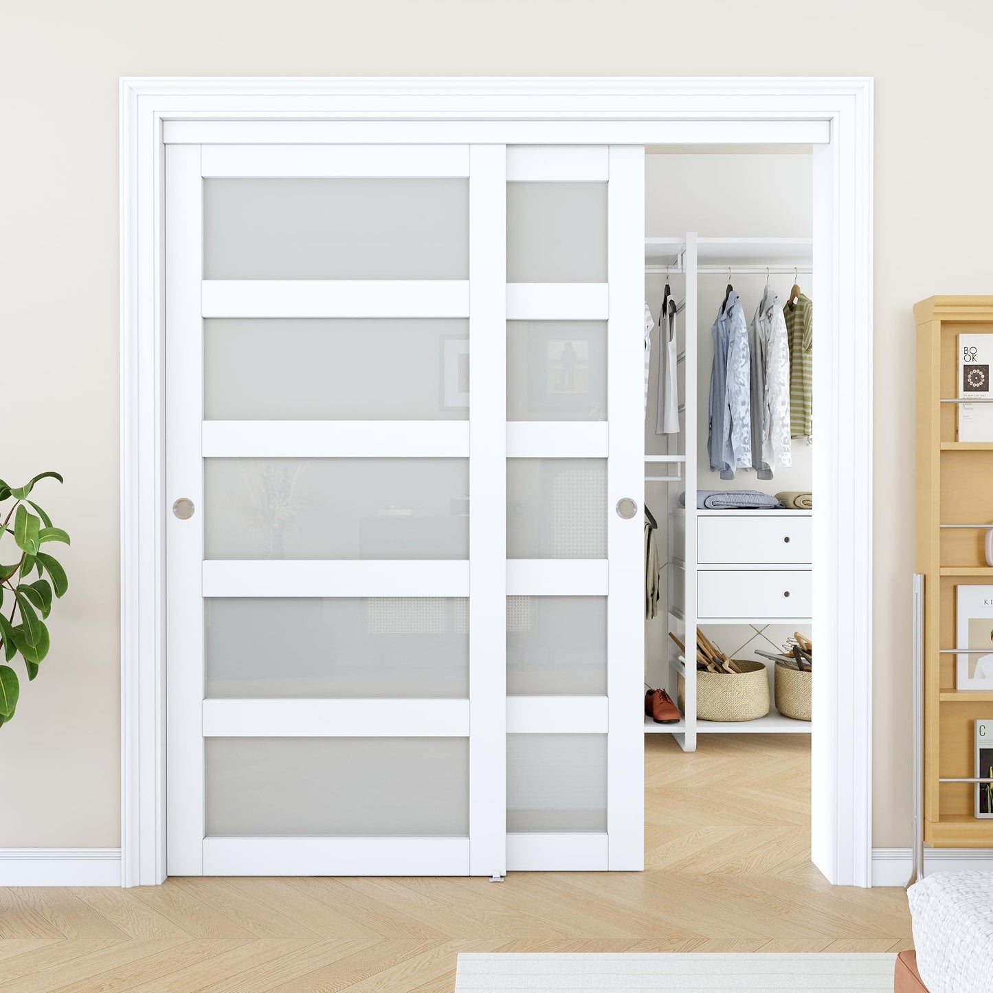 Paintable Sliding Closet Door 72" x 80", 5 Lite Frosted Tempered Glass Interior Sliding Door for Bedroom, Bypass Closet Panels with Hardware Set & Handles, Pre-Drilled Need to Assemble