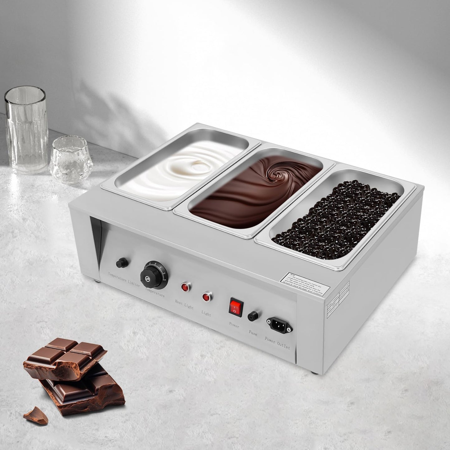 FXEIPOL Commercial Chocolate Tempering Machine, 3 Tanks Stainless Steel Chocolate Melter, 300W Electric Chocolate Warmer Machine for Beverage Stores, Restaurants