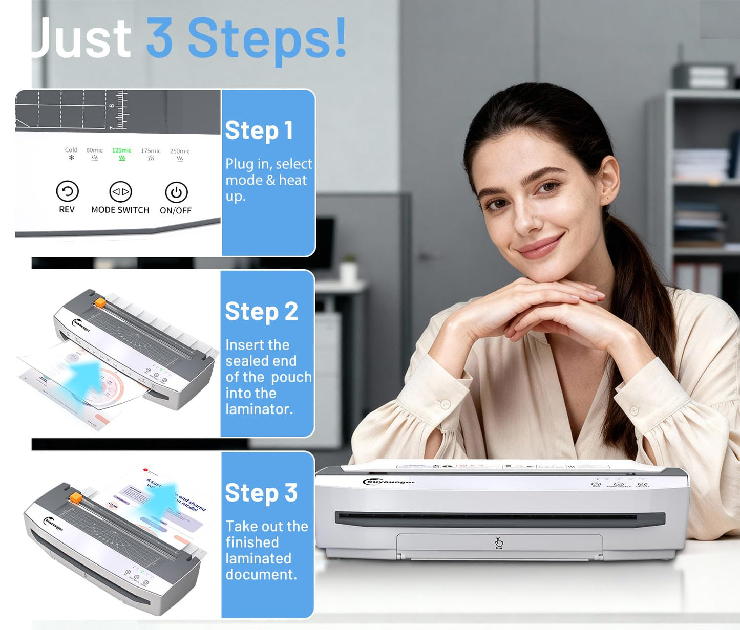 Buyounger 3-10 Mil Laminator Machine, 4-Roller Commercial Laminator Machine with 50 Laminating Sheets, 13 Inch Laminating Machine 11X17 with 1000mm/min Speed & REV Jam-Free for Office School Home