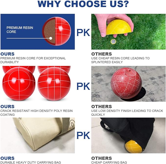 Bocce Ball Set Regulation Size and Weight for Professional Tournament, Backyard, Beach, Lawn Game with 8 Resin Bocci Balls, Pallino, Measuring Rope, Carrying Bag