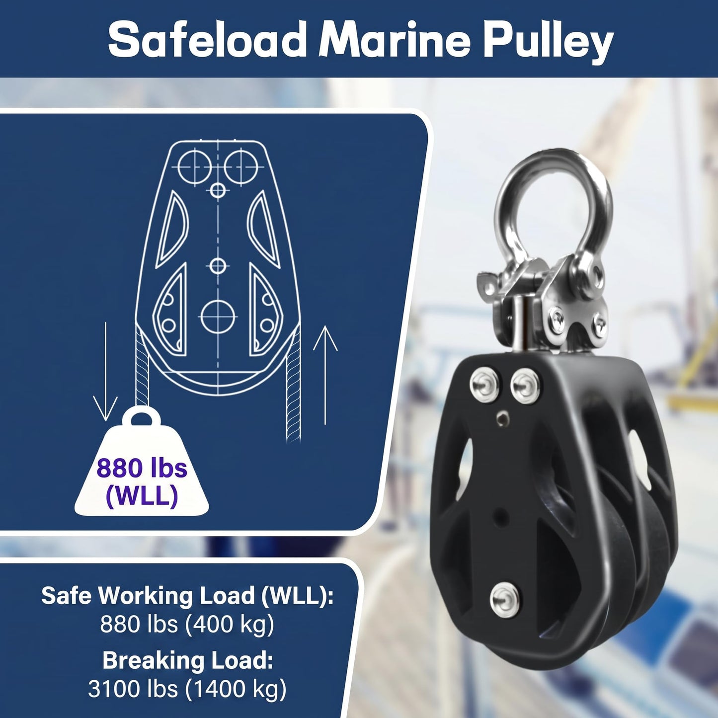 RiaYer 50mm Double Sheave Fixed Head Sailing Block, Marine Grade Pulley with T316 Stainless Steel Construction, 3100 lbs Breaking Load, Fits 1/2" (12mm) Line - Professional Boat Hardware-HL002