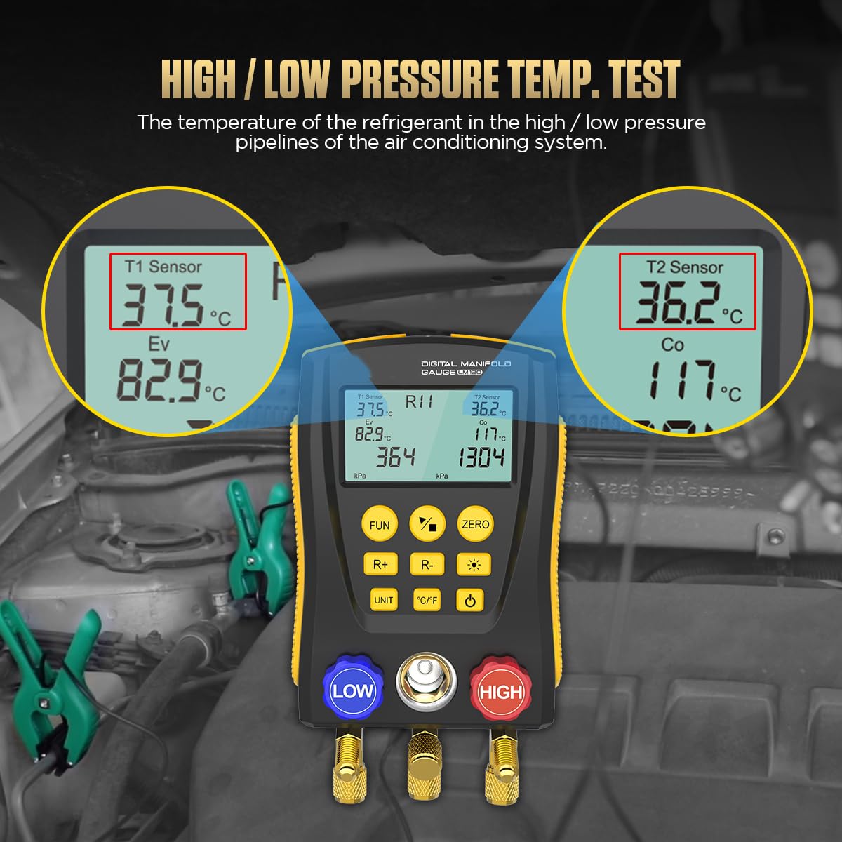 Digital Manifold HVAC Gauge Set, 92 Refrigerants Dual Pressure & Temp Test with Temperature Clips & Hoses, AC Vacuum Gauges for R1234YF R134A R404A R410A R32 R744 Refrigeration Recharge Kit, LM120+