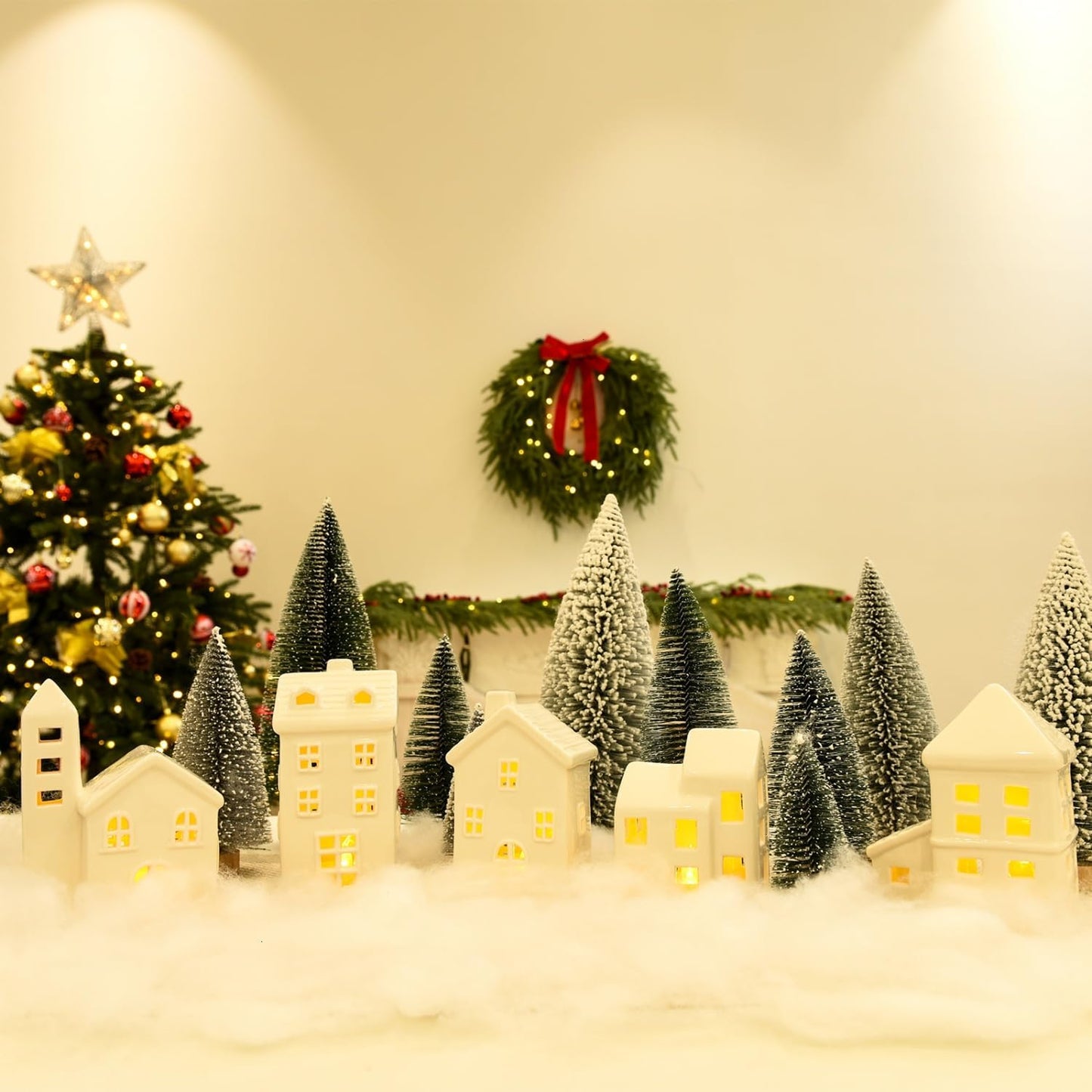 Regine Switzerland Ceramic Christmas Village Houses Set - 5 White Houses, 9 Trees & Fake Snow for Festive Home Decor