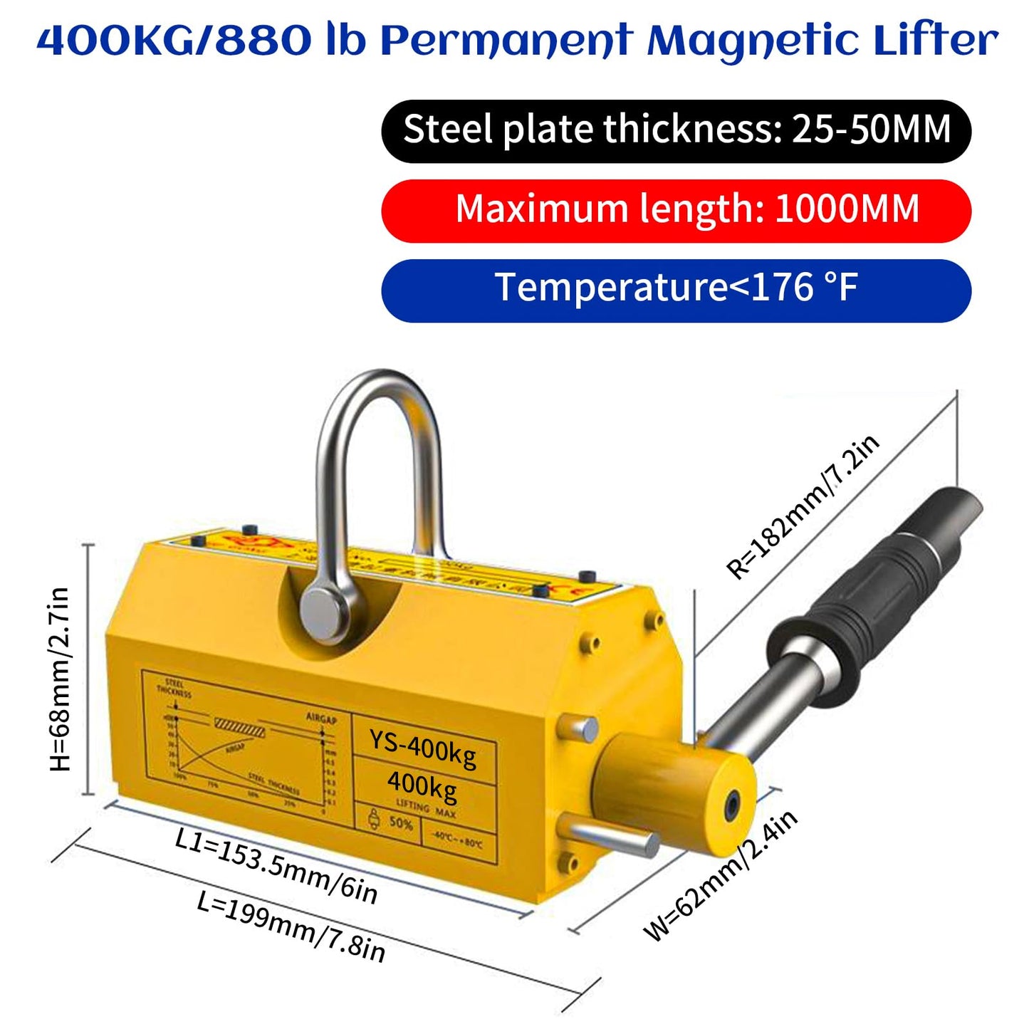 880 lb/400kg Magnetic Lifter, Permanent Magnetic Lifter with Release for Lifting Plate Steel, Board, Used in Shop Crane, Board, Hoist