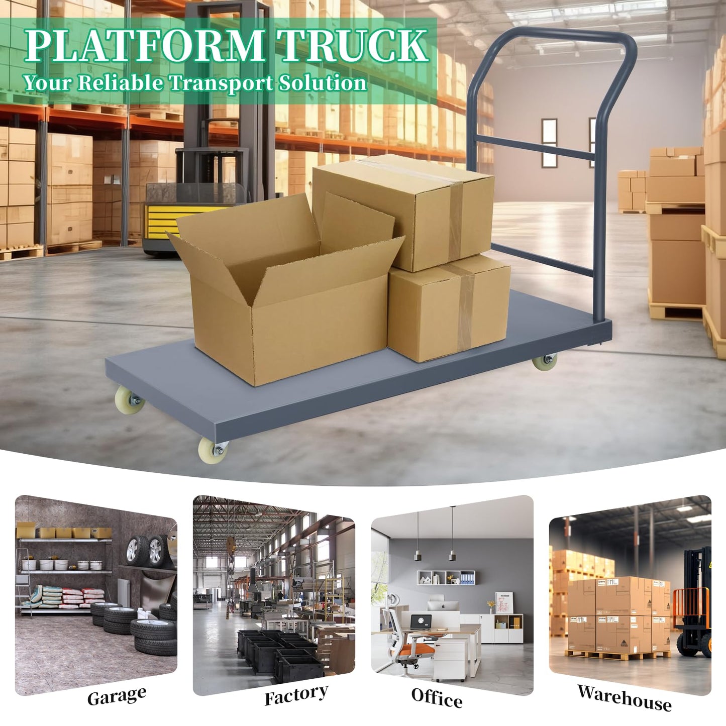 Heavy Duty Flatbed Cart 48"x24" Platform Truck, 2000 lbs Capacity Steel Hand Truck with 4 Swivel Wheels, Industrial Utility Push Cart for Warehouse, Garage, and Moving Supplies