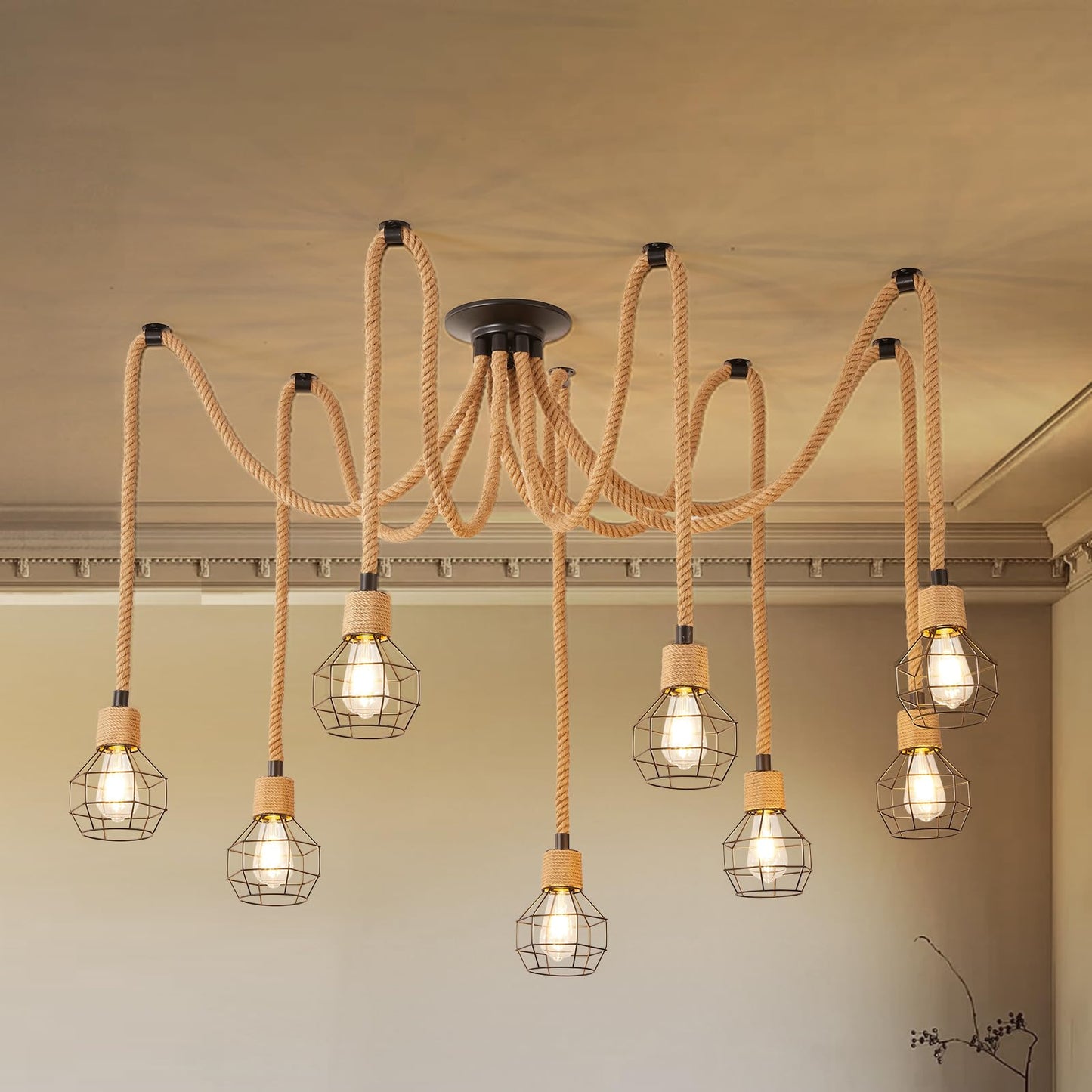 Hodevimall Spider Chandeliers, 8 Arms Industrial Spider Ceiling Light Fixture Hanging Hemp Rope DIY Adjustable 8-Light Steampunk Chandelier for Kitchen Island, Living Room, Entryway, Dining Room, Bar