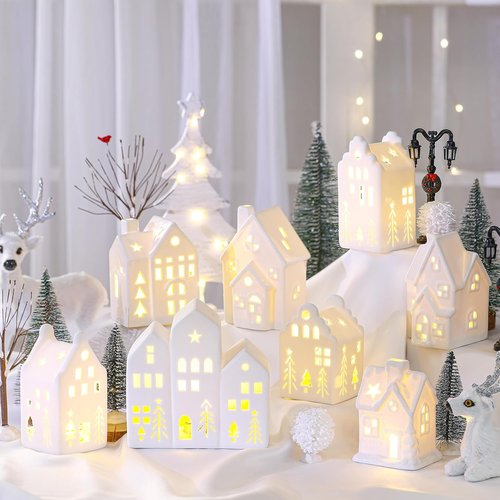 Cindeer 26-Piece Ceramic Christmas Village Set - 8 LED Houses & 16 Trees | Elegant Tabletop Decor