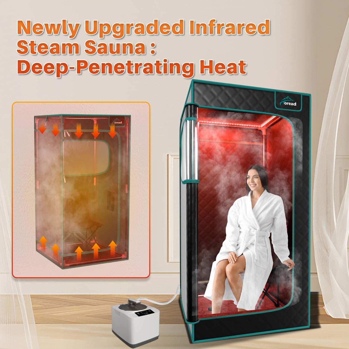 TOREAD Red Light Infrared Sauna with Red Light Therapy for Home,Portable Red Light Steam Sauna with 3L 1200W Steamer, Adjustable Temperature, Timer Setting, Remote Control, 35.4 * 35.4 * 70.9"