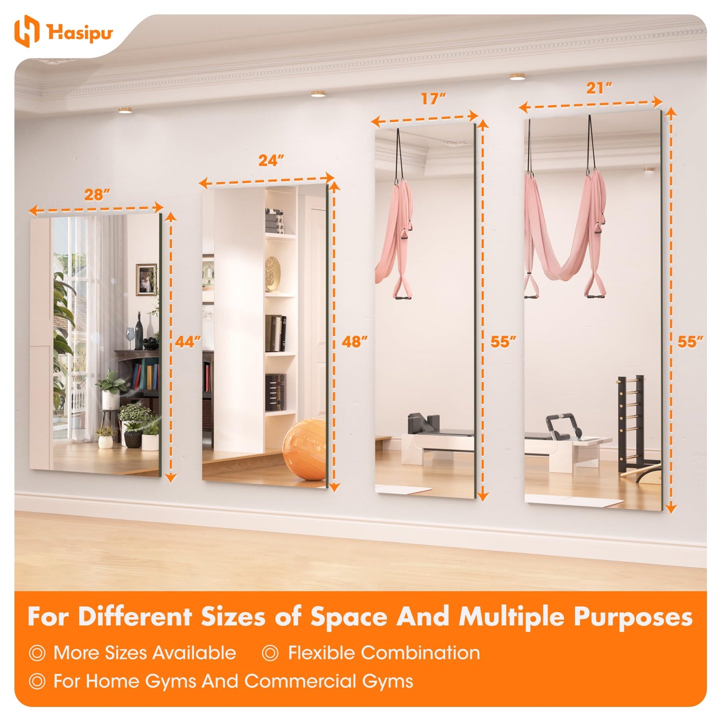 Hasipu Home Gym Mirror 55" L x 17" W - 3PCS Large Full Body Mirror for Yoga, Fitness, Garage, Dance Studio, Wall-Mounted, 0.16in Tempered Glass Frameless