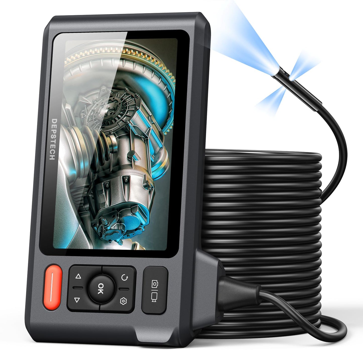 DEPSTECH 50FT Endoscope Camera with Light: Triple Lens 5" IPS Screen Sewer Inspection Camera, 1080P Industrial Borescope, Split Screen, Semi-Rigid Cable, Waterproof Drain Pipe Tool, Carrying Case