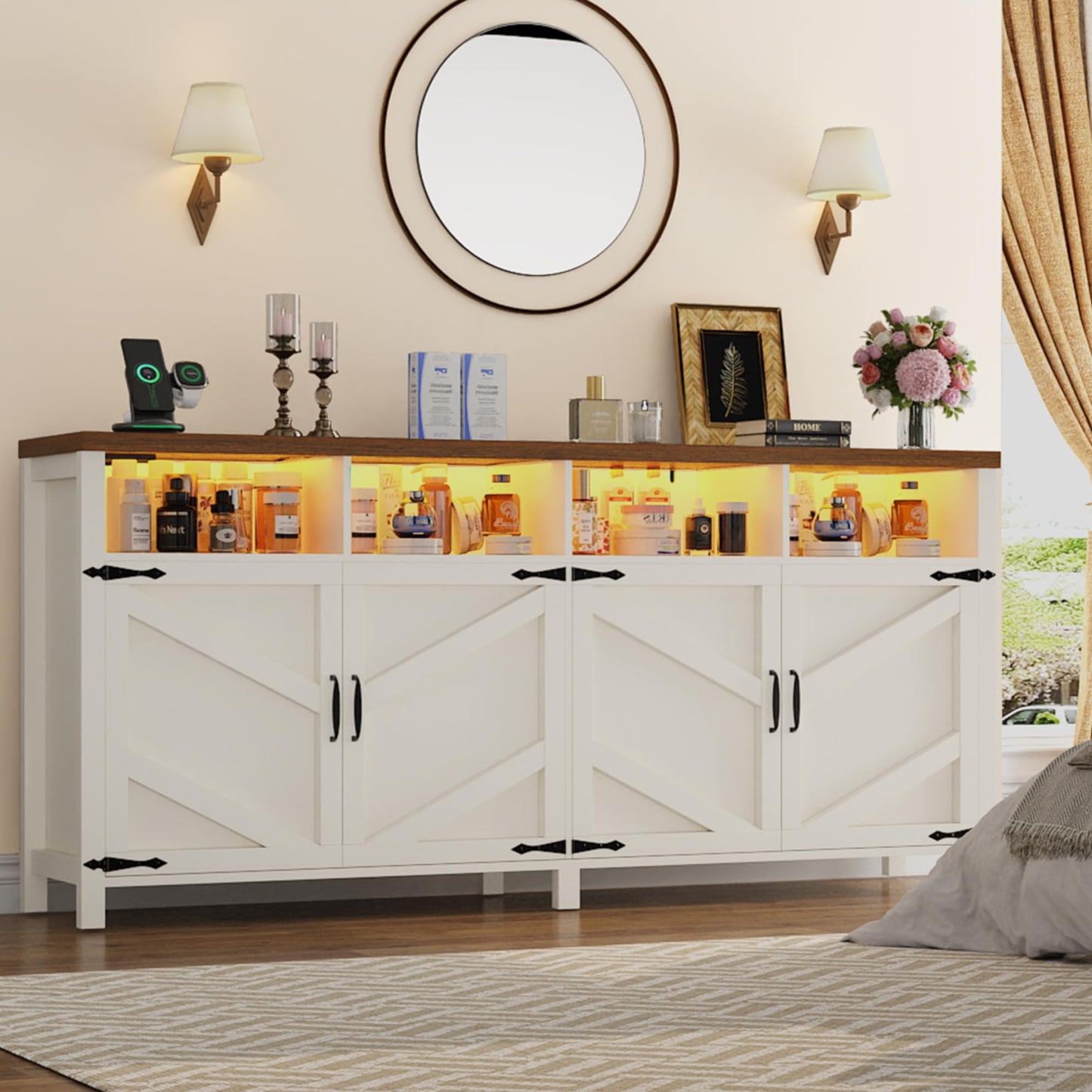 knoworld 63'' Buffet Sideboard with Storage with Power Outlets & LED Light 4 Doors, Large Farmhouse Kitchen Storage Cabinet Wood Coffee Bar Cabinet Buffet Table for Kitchen, Dining Room, Entryway