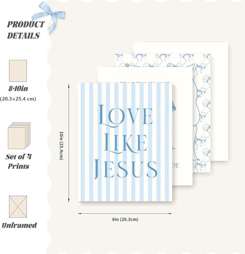 LARTSFRO Coquette Blue Bow Wall Art Decor - Inspirational Christian Posters for Teen Girls | 10x8 Inch Set of 4 Unframed