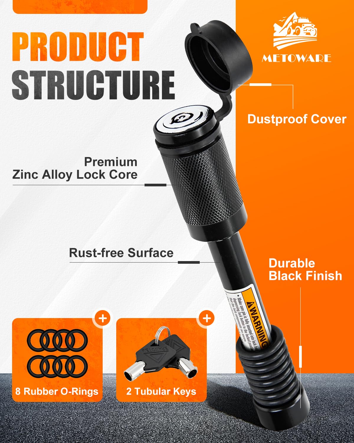 METOWARE Trailer Hitch Lock, Locking Hitch Pin-Fits 2" & 2.5" Receiver with 5/8" Dia 3-1/2" Long Pin,Receiver Lock for Class III IV Hitches, Anti-Theft Trailer Hitch Pin with Anti-Rattle O-Rings,Black