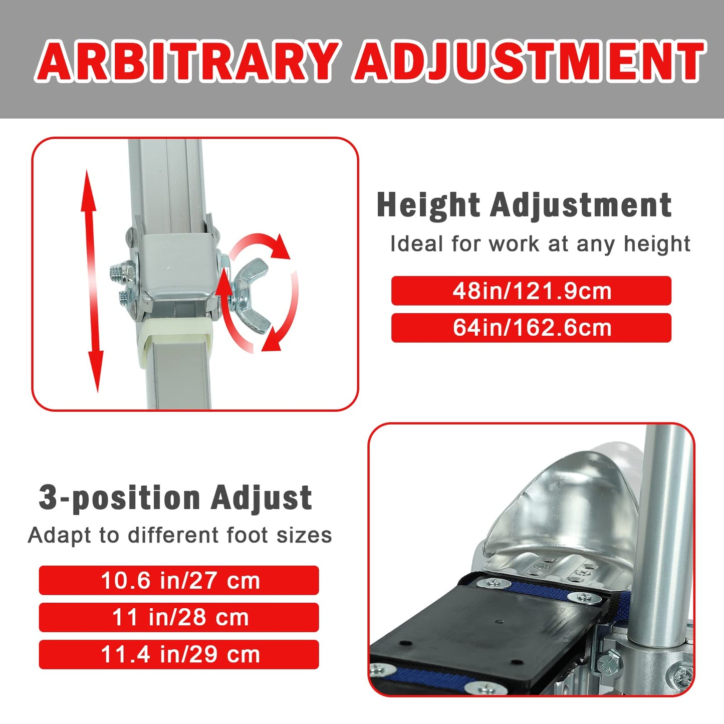 48 inch -64 inch Professional Grade Adjustable Drywall Stilts Taping Paint Stilt Aluminum Tool Stilt for Painting Painter Taping Silver