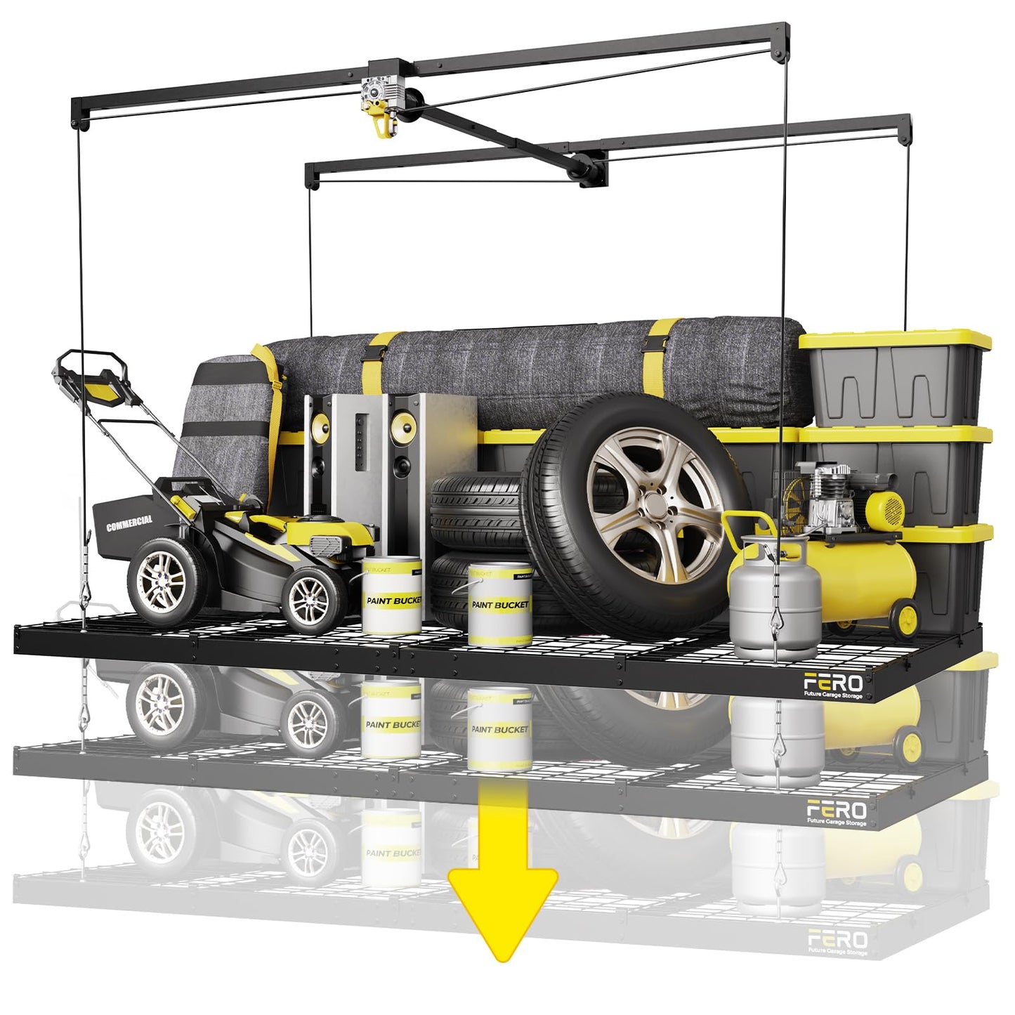 FERO Overhead Garage Storage Rack, 500 lb Capacity, 4x8 FT Garage Ceiling Storage Rack with Safety Lock, Heavy-Duty Ceiling Mounted Lift System, Drop-Down Garage Ceiling Organizer