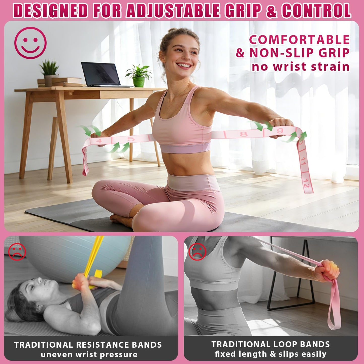 KUZARO Fitness Resistance Bands with 12 Loops, Numbered Resistance Bands for Physical Therapy, Women Stretch Strap for Home Gym, Elastic Exercise Bands for Yoga, Pilates, Leg Stretching, Dance