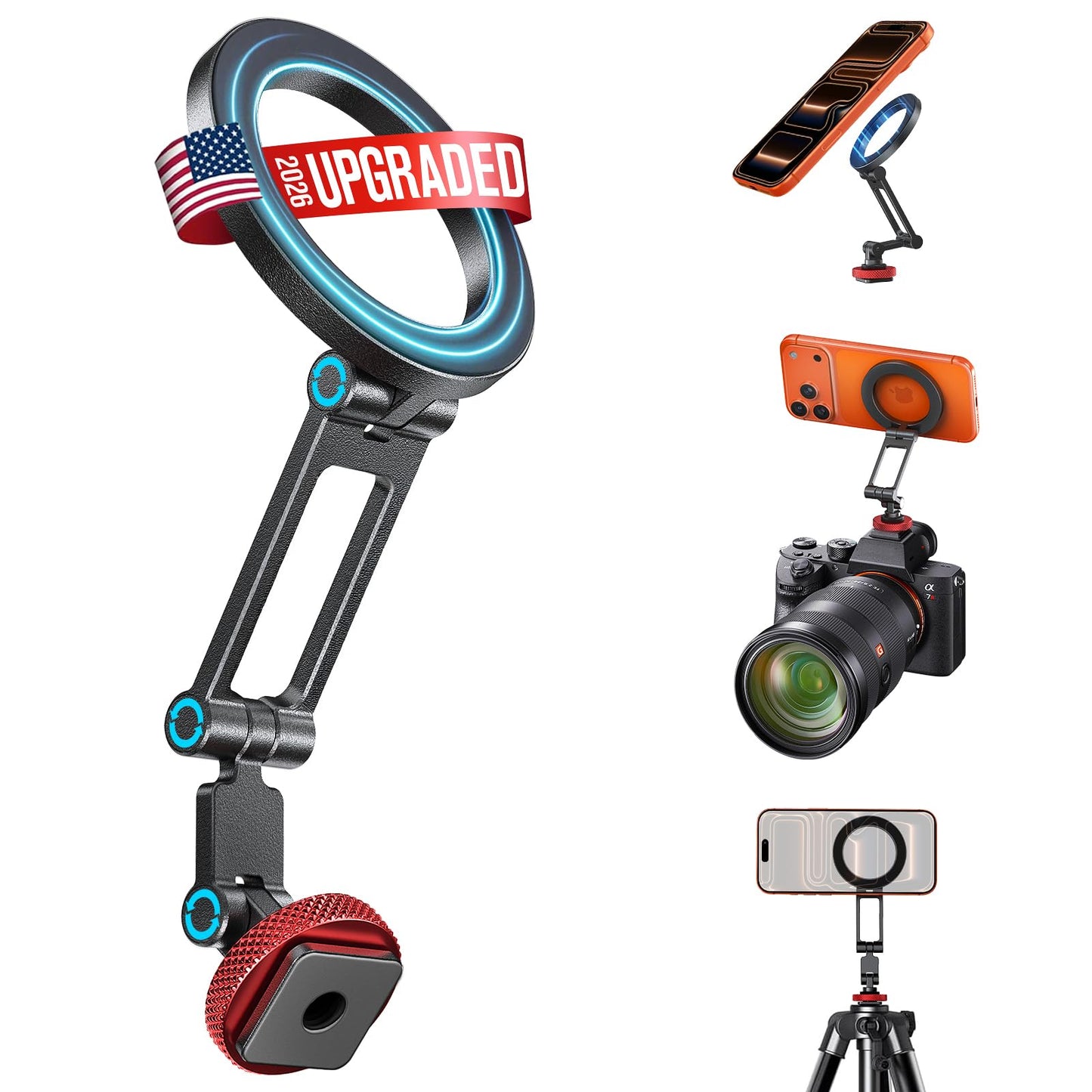 LOXP Magnetic Phone Tripod Mount with Cold Shoe, Adjustable Aluminum Alloy Phone Mount, Phone Tripod Holder Adapter with 1/4" Screw, Camera Mount for iPhone 17/16/15/14/13/12 Series