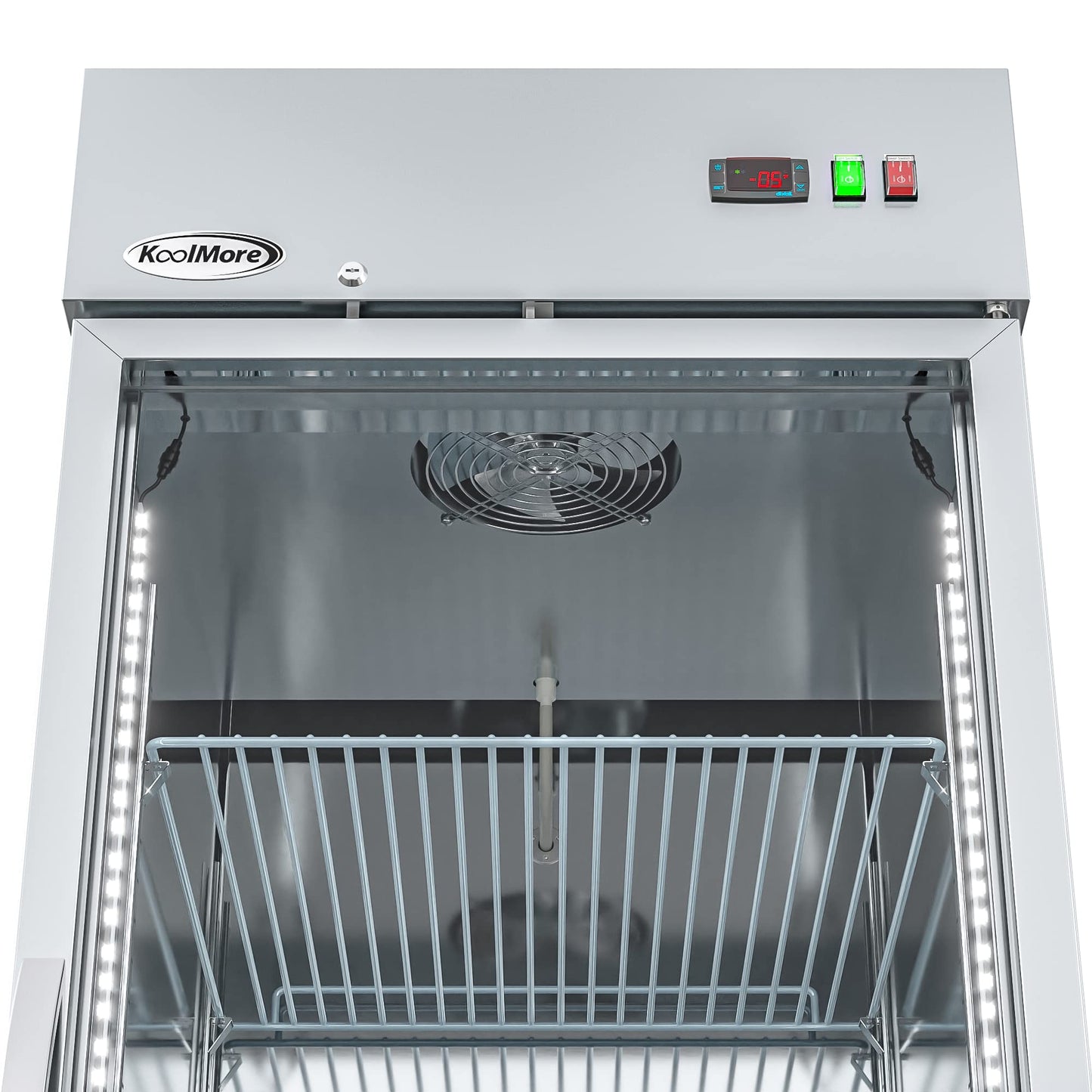 KoolMore Commercial Stainless-Steel Upright Freezer with Reach-In Self-Close Glass Door, 3 Storage Shelves, Heavy-Duty Caster Wheels, Frost-Free Temperature Control - 23 Cu.Ft [Silver] (RIF-1D-GD)