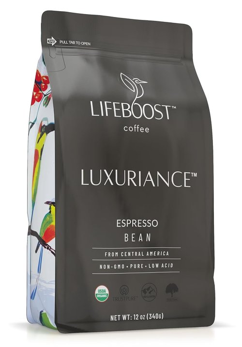 Lifeboost Organic Espresso Whole Bean Coffee - Low Acid, Non-GMO, USDA Organic | 12 oz Bag